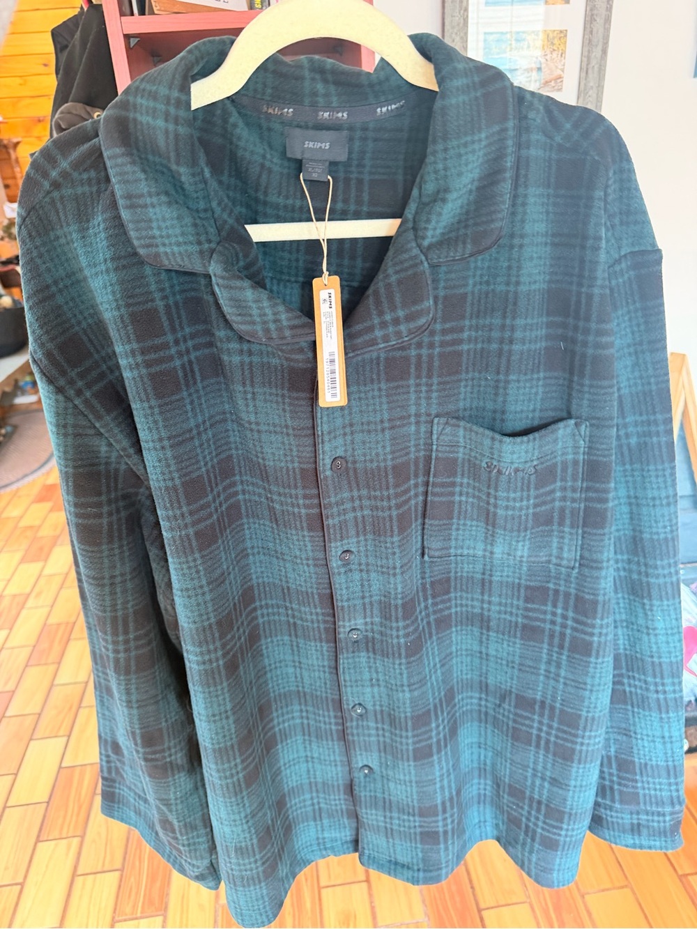SKIMS Teal and Black Plaid Button-Up Pajama Top